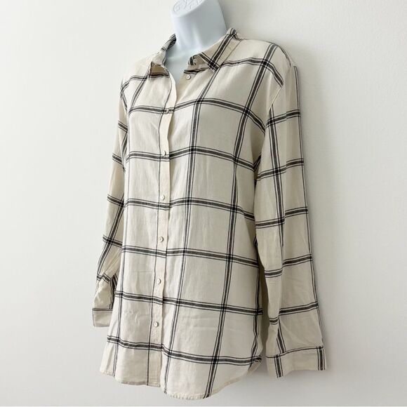H & M Womens Cream & Black Checkered Flannel Button Down Shirt Size 14 - Picture 2 of 7